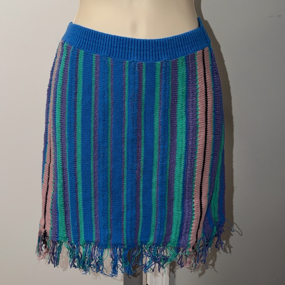 Urban Outfitters Blue, Green & Pink Striped Fringe Knit Mini Skirt